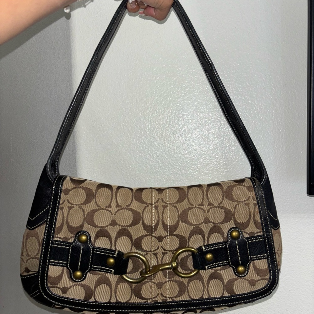 Coach Brown and Black Shoulder Bag with Monogram Design